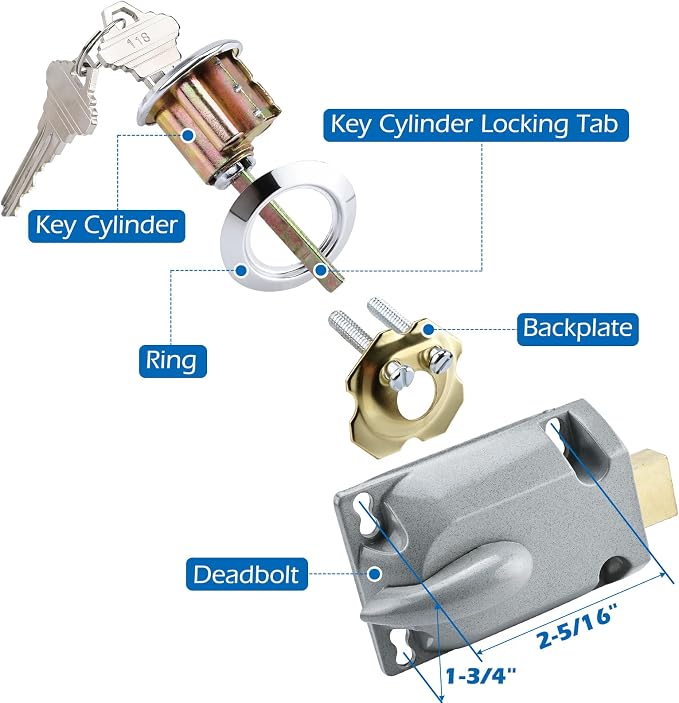 Garage Door Lock Set with T Handle, Center Mount Deadbolt Lock with Keyed Cylinder, Complete Installation Kit for Most Garage Doors Up to 2-1/2" Thick