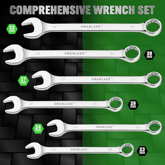 6-Piece Metric Wrench Set, Large Wrench Set Metric and Standard, 23mm, 24mm, 26mm, 27mm, 30mm, 32mm Long Big Open End Wrench Tool Set Roll Up Pouch Organizer, Combination Wrenches Sets