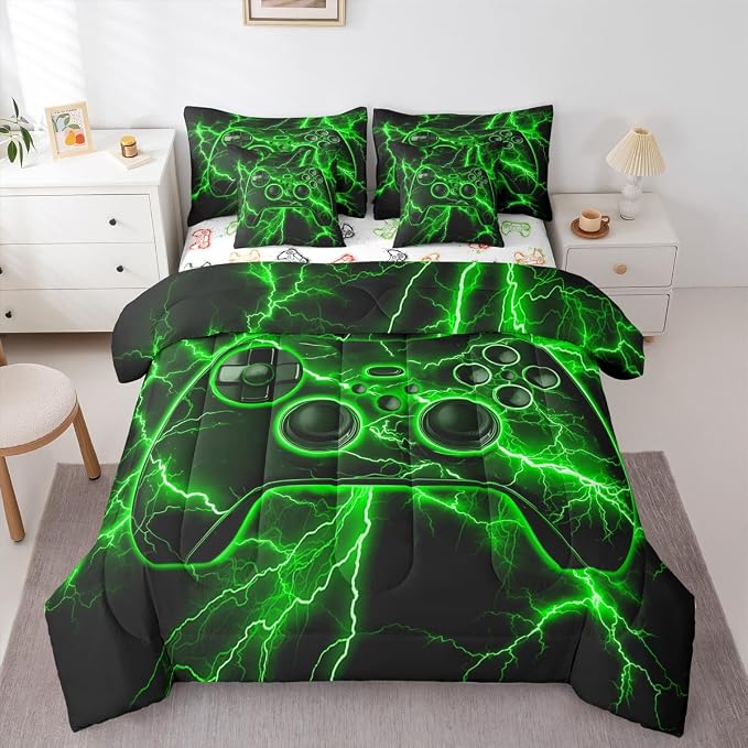 Gamer Twin Comforter Set with Sheets, Gaming 7-Piece Bedding Set Video Game Console Bed in a Bag, Green Lightning Room Decor,Boys Bedroom Decor