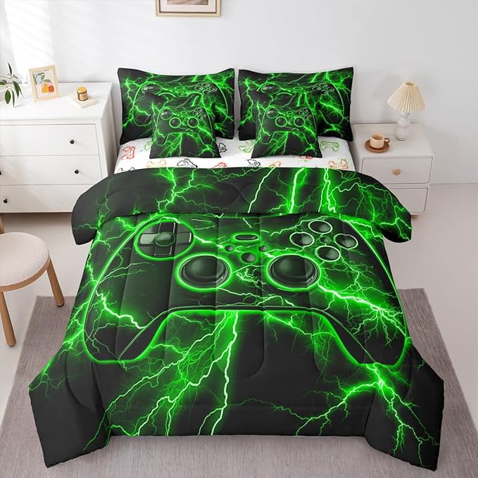 Gamer Queen Comforter Set with Sheets, Gaming 7-Piece Bedding Set Video Game Console Bed in a Bag, Green Lightning Room Decor,Boys Bedroom Decor