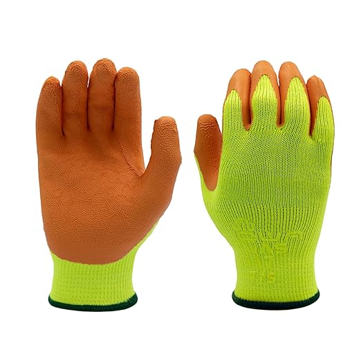 SHOWA Atlas 317 Original 1994 Crinkle Grip Work Gloves, Natural Latex Palm, Heavy Duty 10-Gauge for Construction, Landscaping, Gardening, & Masonry, Hi-Vis Yellow, Small, 12-Pair