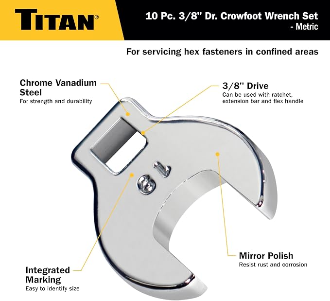 Titan 17295 10-Piece 3/8-Inch Drive Metric Crowsfoot Wrench Set