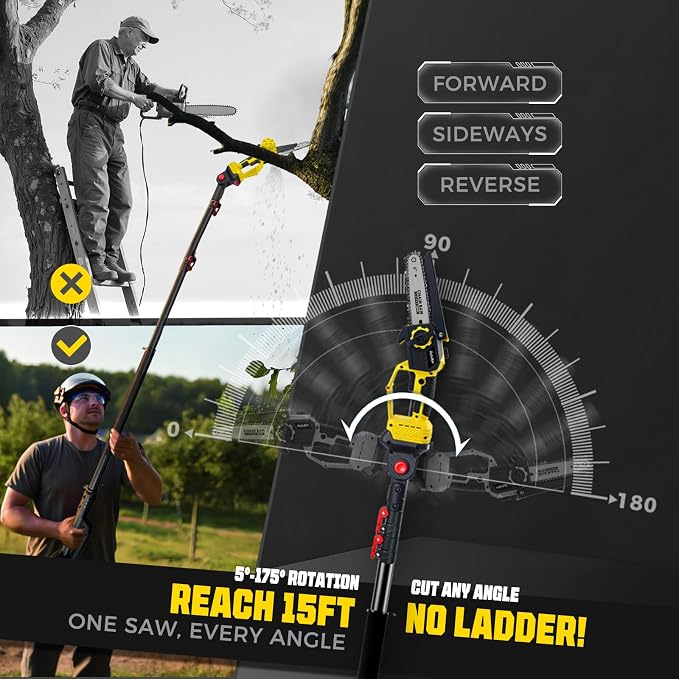 2-in-1 Electric Pole Saw for Tree Trimming,1200W Brushless Cordless Pole Saw & 6 Inch Mini Chainsaw with 2 x 4.0Ah 21V Batteries,16 FT Max Reach & Multi-Angle, Tree Trimmer for Branch Cutting.