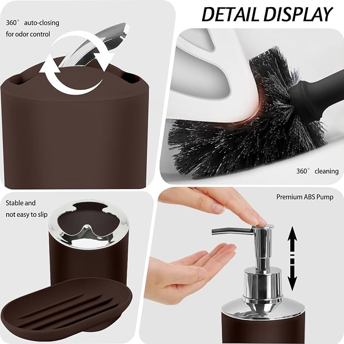 Lnond Brown Bathroom Set, 23-Piece Brown Geometric Bathroom Decor Set with with Shower Curtain and Rugs, Trash Can, Toilet Brush Holder Set & Soap Dispenser