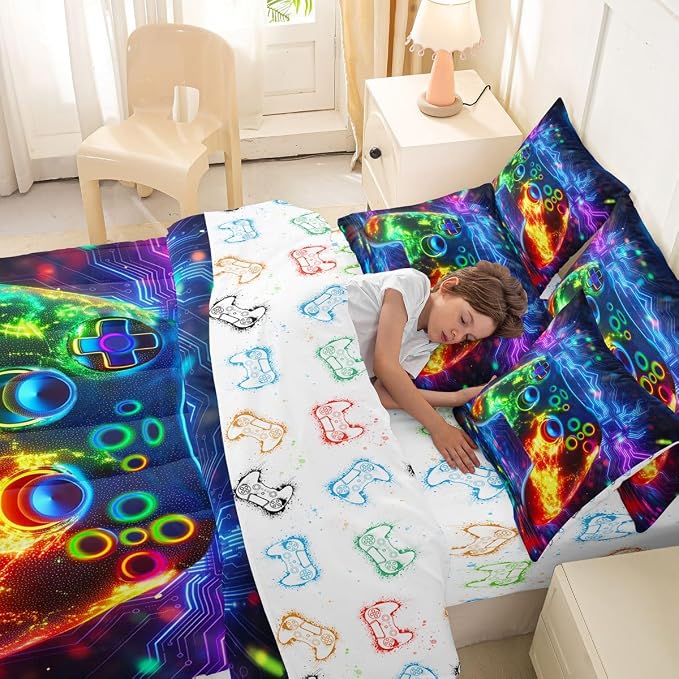 Erosebridal 3D Modern Gamer 7 Piece Comforter Set Full Bed in a Bag | Gamer Controller Bedding Sets Geometric Neon Gaming Comforter and Sheet Set, Video Game Consoles Bed Sets,Boys Room Decor