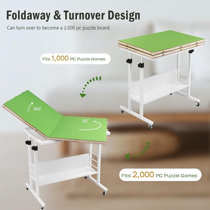 Tektalk 2000 Piece Foldable Puzzle Board with Height Adjustment, Jigsaw Puzzle Table with 2 Felt Cover & 8 Sorting Trays/Drawers, Puzzle Easel with Legs, Enclosed with 4 Roller Wheels (Green)