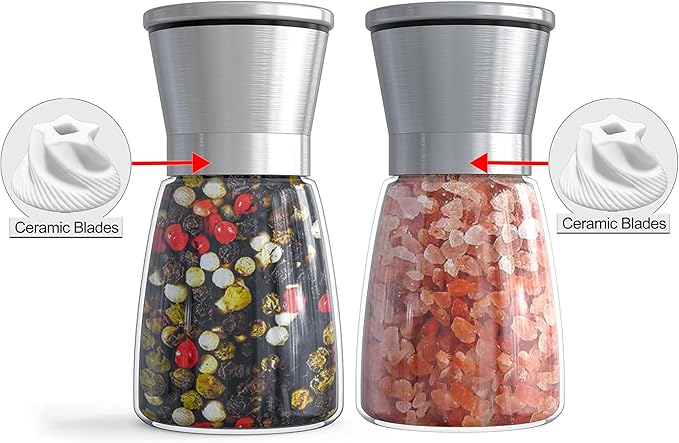 Ebaco Salt and Pepper Grinder Set - Refillable Grinder Adjustable Coarseness of Pepper Salt Spice Stainless Steel Mills Glass 6oz（2 Pack）