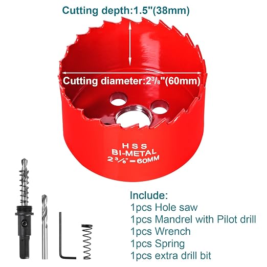 ALLWIN 2-3/8 inch 60mm Hole Saw Kit, Bi-Metal Hole Cutter for Wood, Plastic, Drywall & Thin Metal, with Pilot Drill Bit & Arbor