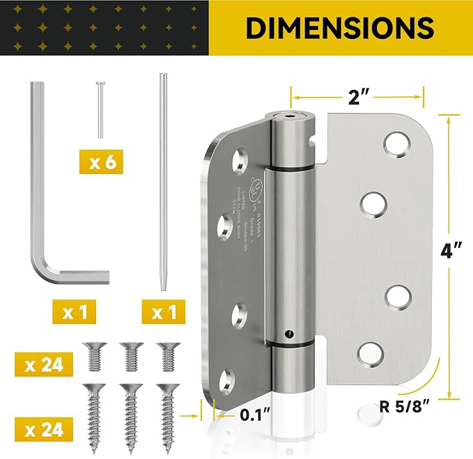 4 Pack Self Closing Door Hinges, 4 Inch Spring Loaded Door Hinges for Garage, Front, Back Door, Left/Right Hand, Adjustable Tension, 5/8'' Radius Corners, UL Listed, Brushed Nickel