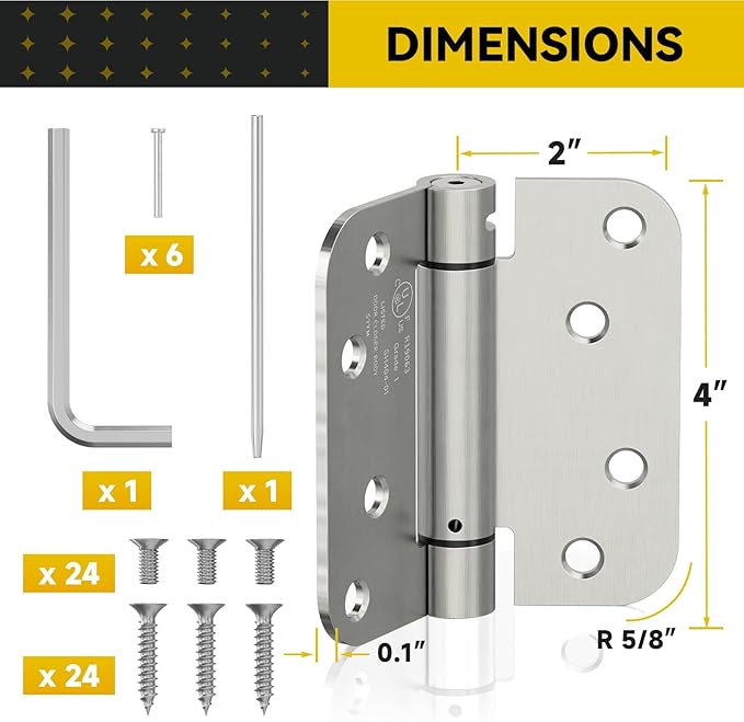 3 Pack Self Closing Door Hinges, 4 Inch Spring Loaded Door Hinges for Garage, Front, Back Door, Left/Right Hand, Adjustable Tension, 5/8'' Radius Corners, UL Listed, Brushed Nickel