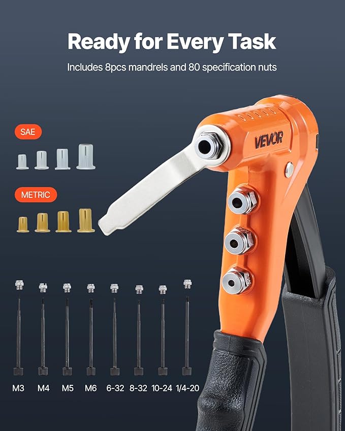VEVOR Rivet Nut Tool Kit, 9-Inch One-Handed Rivnut Tool Kit, with 8 Mandrels, a Step Drill Bit and 80 Nuts, Metric and SAE Size M3, M4, M5, M6, 6-32, 8-32, 10-24, 1/4-20 UNC, with a Carrying Case