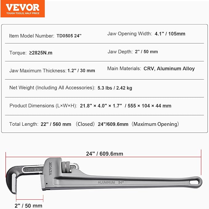 VEVOR Pipe Wrench, 24" Aluminum Straight Pipe Wrench, Adjustable Plumbing Wrench, with High Strength Jaw and Ergonomic Handle, Easy to Carry, Hangable Design, for Water Pipes, Automotive Repairs