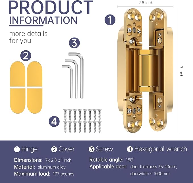 7" 2 pcs Hidden Hinges for Doors Invisible Hinges Concealed Zinc Alloy 180 Degree Swing 3 Way Adjustable Butt Silent Door Hinge 7 x 2.8 x 1 inch (Gold)