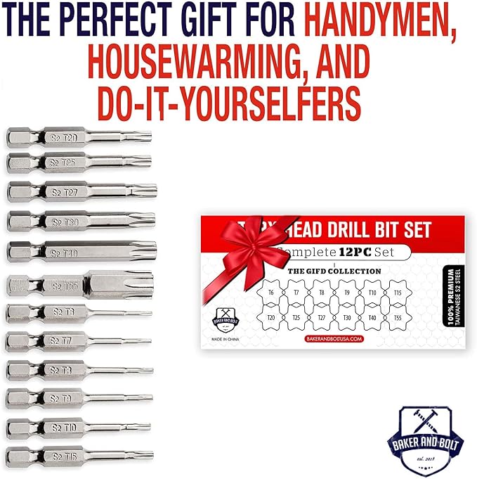 Baker and Bolt Torx Head Drill Bit Set - Premium12pc Set w/Storage Case T6 - T55 1/4in Hex Shank Magnetic Star Security Kit Long 2inch Torx Key Bits S2 Steel for drills and Impact Drivers