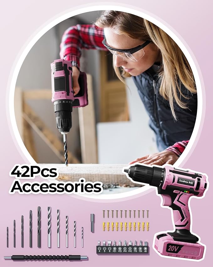 Pink Cordless Drill Set, VIWKO 20V Electric Power Drill for Women, Lightweight Electric Screwdriver Driver with Power Pack & Charger, 3/8" Keyless Chuck, Womens Tool Kit for House