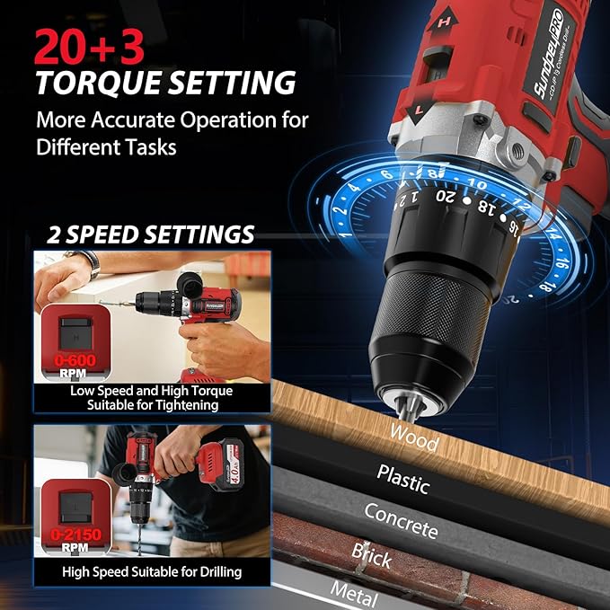 1060In·lbs Cordless Drill Driver - 20+3 Torque Brushless Hammer Drill with 2 x 4.0Ah Battery & Fast Charger - 21V Electric Power Drills Set with 2 Speeds & 1/2 Inch Self-locking Metal Chuck