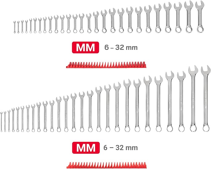 TEKTON Stubby and Standard Combination Wrench Set, 54-Piece | WCB95906 | (6 - 32 mm), Modular Organizers, Chrome Finish