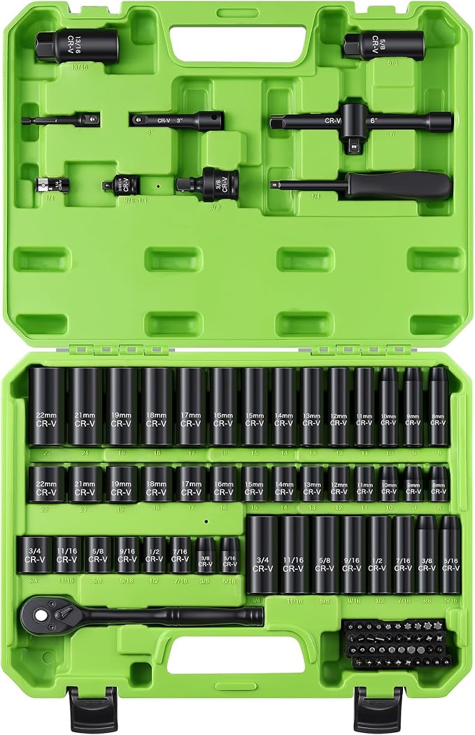 Reniteco 95-Piece 3/8" Drive Socket Set, SAE 5/16"-3/4" & Metric 8-22mm | Ratchet Handle, Extension Bar, Adapters, Universal Joint, Drill Adapter, Screwdriver Bits, Spark Plug Sockets