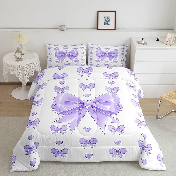 Feelyou Cute Purple Bow Comforter Set All Season Love Hearts Bowknot Bedding Set with 2 Pillow Cases Princess Bow Microfiber Kids Full Bedclothes Bedroom Decor Duvet Quilt Breathable Soft Lightweight