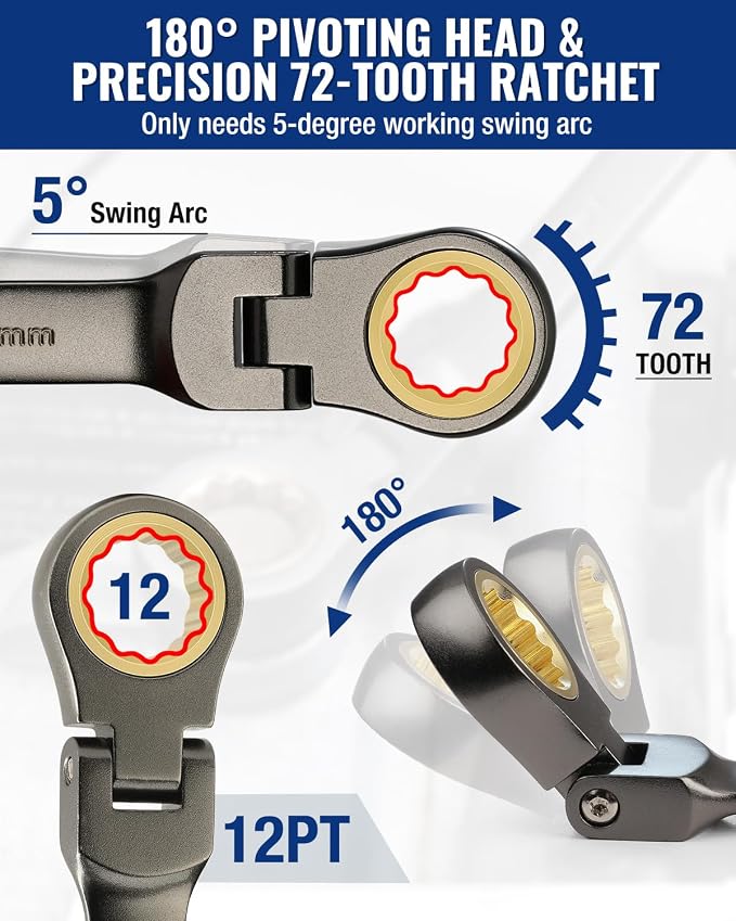 WORKPRO 8-piece Ratcheting Combination Wrench Set, Metric & Nickel Plating | Metric 9-17 mm, 180° Flex-Head, 72-Teeth Cr-V Steel, Combination Wrench Set with Organization Bag for Auto Repair & Home DIY
