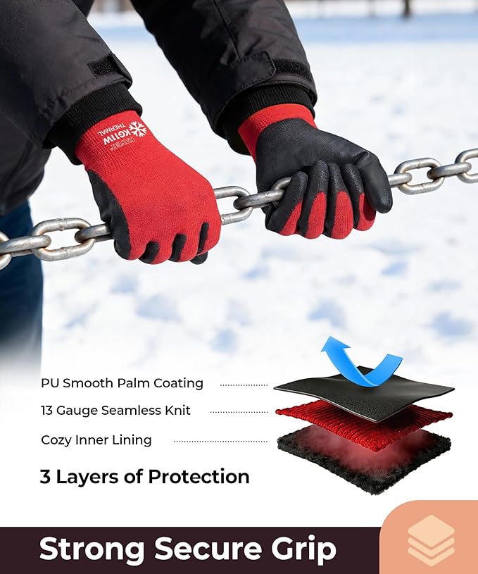 KAYGO 12 Pairs Winter Work Gloves for Men and Women, Thermal Insulated Safety Work Gloves PU Coated, Super Grip,Ideal for Freezer Work,Red,L
