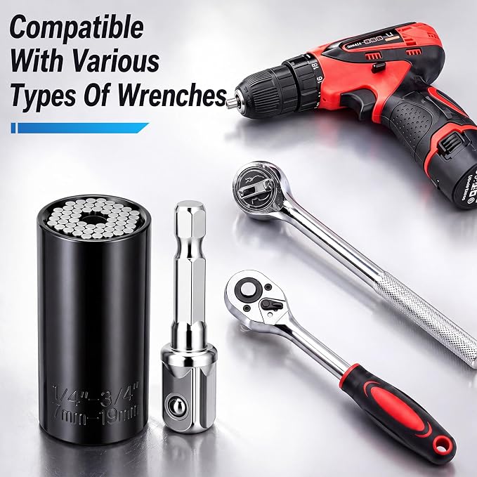12 Pack Universal Socket, 7-19mm Adjustable Wrench with Power Drill Adapter, Self Adjusting Socket Fits Standard Metric Nuts Bolts Hooks Eye Screws for Auto Repair(Multicolor)