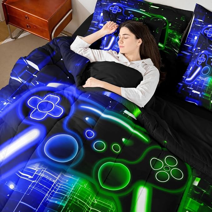 Gaming Queen Comforter Set with Sheets, Gamer 7-Piece Bedding Set Neon Lights Video Game Consoles Bed in a Bag, Blue Green Brick Cube Room Decor,Video Game Decor