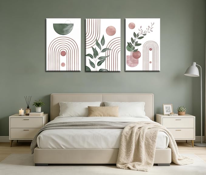 Frimeeme Framed Large Boho Pink and Green Canvas Print Set of 3 ，Abstract Leaves Geometry, Ready to Hang, 16x24 Inches