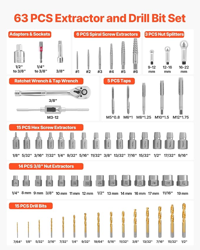 VEVOR 63-Piece Bolt Extractor Kit & Screw Extractor Set, Lug Nut Removal Tool with Left Hand Drill Bit Set, Nut Splitters, Taps & Tap Wrench, Ratchet, Adapters for Removing Rounded, Broken, Stripped