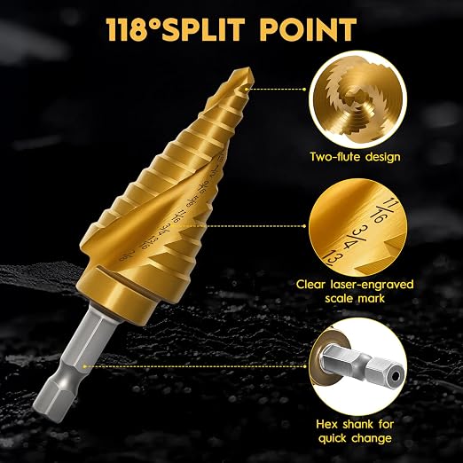 3PCS Titanium Step Drill Bit - 4241 HSS Step Bit with Two Spiral Grooved, 31 Sizes for Metal, Aluminum, Wood & Plastic, for Electricians & DIY with Portable Bag