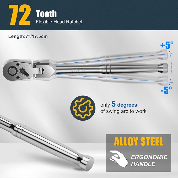 YIYEIE 1/4" Drive Flex Head Ratchet, 72 Tooth Swivel Ratchet, Quick-Release, Full-Polished Chrome Plating, for Auto Mechanic & DIYer with EVA Foam | 7 Inch Long