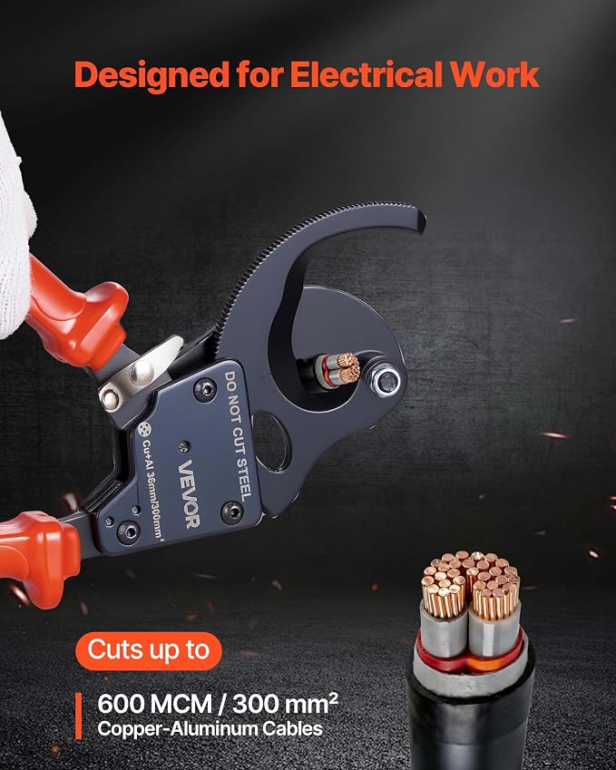 VEVOR Ratcheting Cable Cutter, Spring Steel Blades with PVC-Coated Handles, Quick-Release Button, Heavy Duty Ratchet Cable Wire Cutter for Cutting Copper & Aluminum Cables Up to 600 MCM / 300 mm²