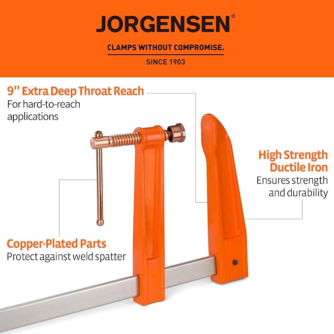 Jorgensen 48-Inch Deep-Reach Throat Bar Clamps, 9" Throat Depth, 2-Pack