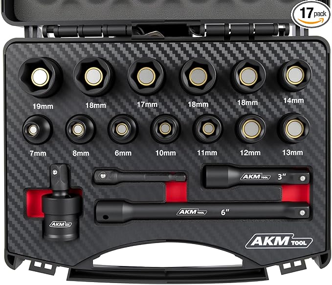 17PCS 3/8 Inch Drive Magnetic Impact Socket Set, Metric, 7mm-19mm, 6 Point, Cr-Mo, Square Drive, Magnetic Socket with Universal Joint, Drill Bit Adapter & Extension