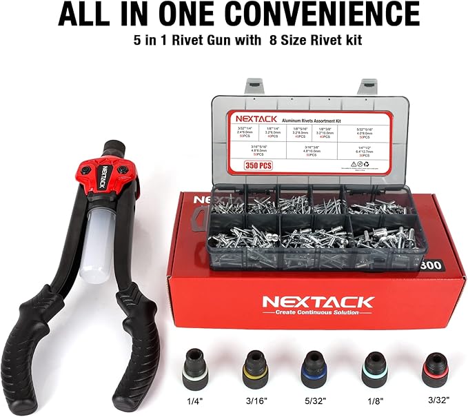 NEXTACK Rivet Gun Kit with 350 Blind Rivets, Heavy Duty Two-Handed 1/4” Pop Rivet Gun Set (NT300), 5 Nosepieces, Built-in Shaft Catcher for Van, Gutter & Automotive
