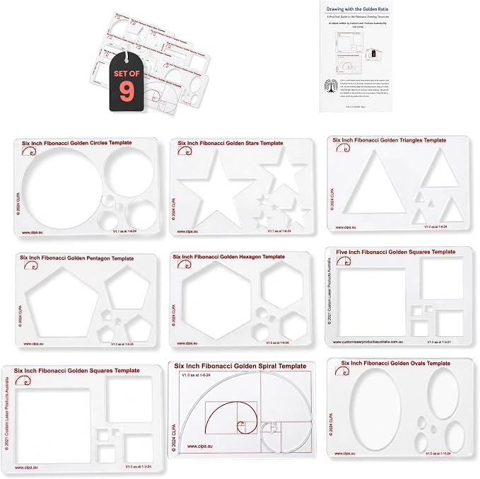 Fibonacci 6" 9-Piece Drawing Template Set, Golden Ratio Stencils | Australian Designed and Made; 9 Pieces; Triangle; Square; Star; Pentagon; Hexagon; Spiral; Oval
