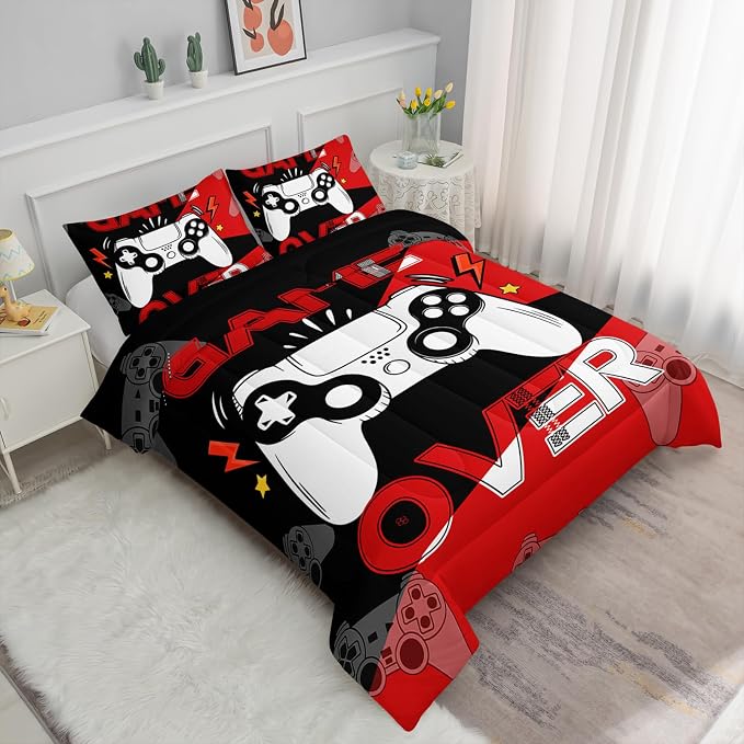Axolotl Gamer Comforter Set Full, 3Pcs Gaming Gamepad Bedding for Men, Games Console Bedding for Adults Room, Video Game Controller Room Decor Gaming Bed Set 1 Comforter with 2 Pillowcases, Black Red