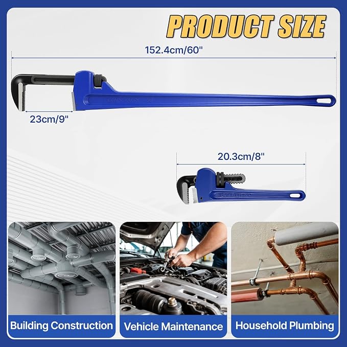 60 Inch Pipe Wrench, Max 9 Inch Jaw Opening, Carbon Steel Plumbing Tool | Straight Handle Wrench Set with Gloves and 8 Inch Pipe Wrench for Mechanics, Plumbing and Construction, Blue