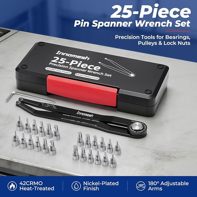 25 Piece Pin Spanner Wrench Set,42CRMO Heat-Treated,Nickel-Plated Finish,Adjustable Spanner Wrench for Bearings,Pulleys & Lock Nuts,Metric & Imperial Precision Pin Wrench,160mm Arms,180° Rotation