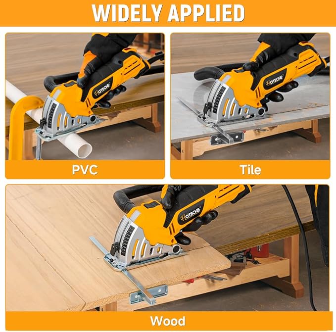 Hoteche 3-3/8-Inch Mini Circular Saw, 500W Compact Electric Circular Saw with 2pcs Blades for Wood, Tile & Soft Metal, Includes Dust Tube, and Parallel Guide