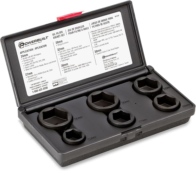 Powerbuilt 6 Piece Low Profile Oil Filter Socket Set, 3/8" Drive 24mm 27mm 29mm 32mm 36mm 38mm Oil Filter Wrench Set, for Mercedes Benz, VW, BMW, GM, Opel, Dodge - 641326