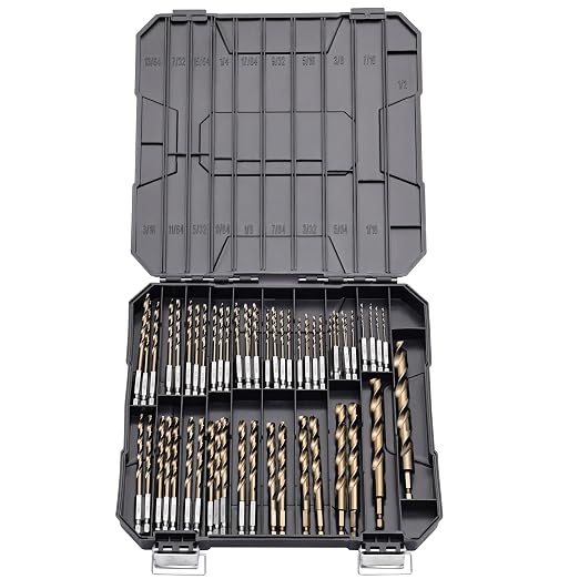 Hex Shank Cobalt Drill Bit Set 63Pcs 1/16"-1/2", M35 HSS Twist Impact Drill Bits for Metal and Hardened Steel, with Indexed Storage Case
