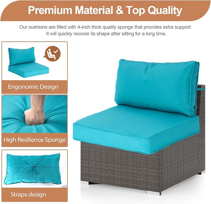 14 Piece Outdoor Furniture Replacement Cushions, Cover+Filling, 25.6" x 25.6" x 4" Foam Waterproof Outdoor Sofa Cushion Sets, Fit Wicker Rattan Sectional Conversation Set, Lake Blue