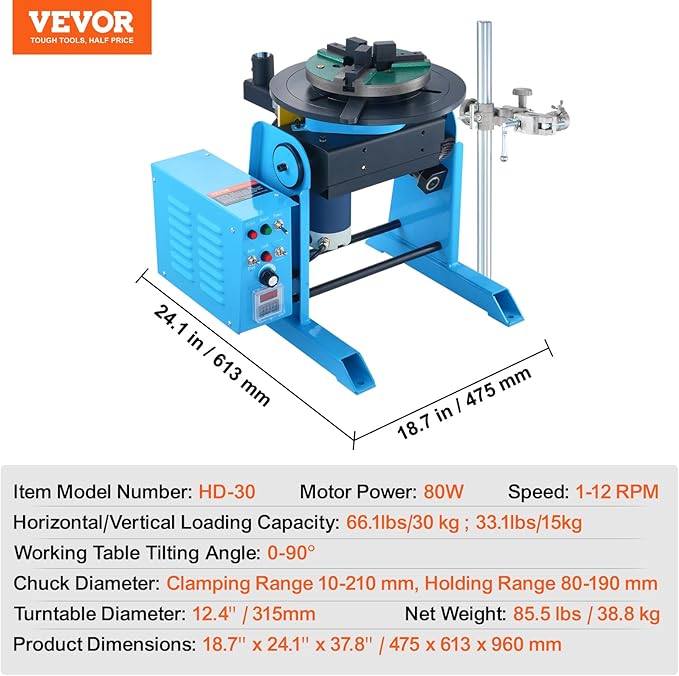 VEVOR Rotary Welding Positioner 66LBS / 30KG, 0-90° Welding Positioning Turntable Table 1-12RPM 80W, with 12.4 Inch 3-Jaw Lathe Chuck & Welding Torch Stand Holder for Cutting, Grinding, Assembly