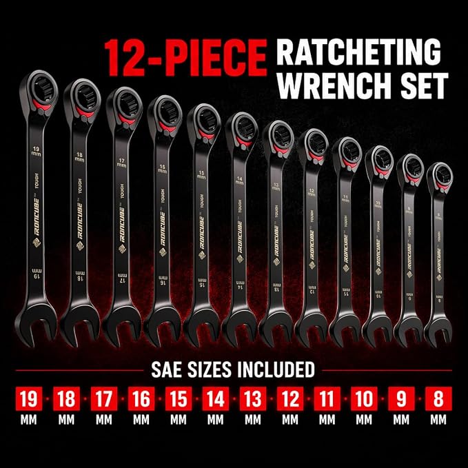 ironcube Reversible Ratcheting Wrench Set: 12-Piece Metric 8-19mm - Tough Black - Wax Canvas Storage Bag - Automotive and Motorcycle Repair Tools