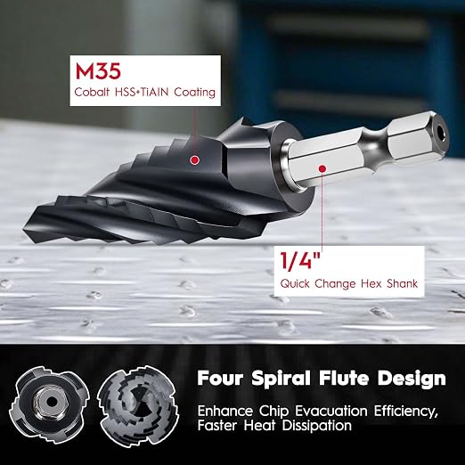 Cobalt M35 Step Drill Bit 1/4" to 3/4", TiAlN Coating 4 Spiral Flute Step Bit, 9 Sizes M35 Cobalt HSS Step Drill for Stainless Steel, Metal, Aluminum, Plastic