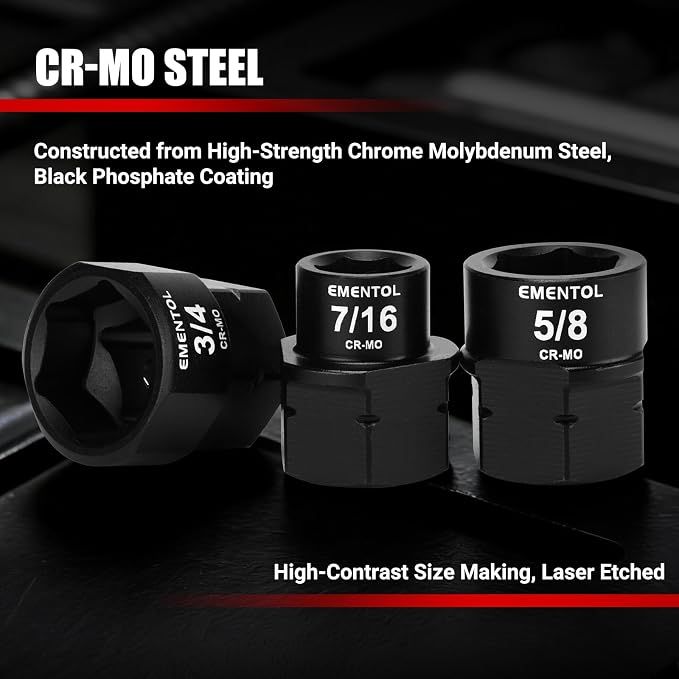 EMENTOL 1/2" Drive Low Profile Nano Impact Socket Set, SAE 3/8"-1", 11PCS Stubby Sockets, CR-MO Steel, No Skips Sizes, with Plastic Case