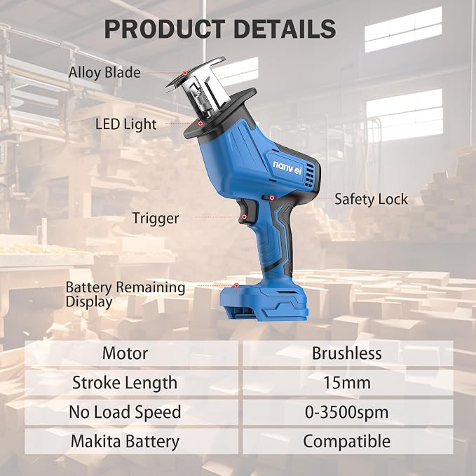 NANWEI Cordless Reciprocating Saw,Brushless Motor 3500RPM Variable Speed,Compatible with Makta 18V Batteries,Tool-Free Blade Change, LED Light,4 Blades For Wood/Metal/PVC Cutting (Battery Excluded)