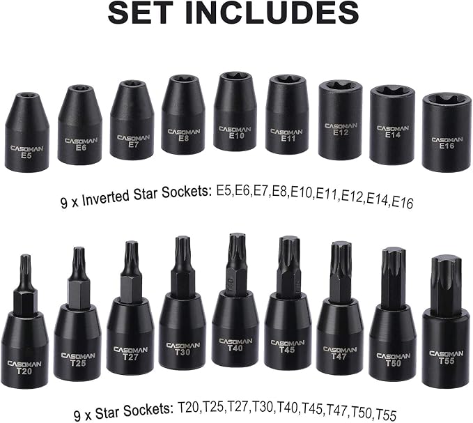 CASOMAN 87PCS 3/8" Drive Master Impact Socket Set, SAE & Metric Standard, Deep, Swivel Sockets,Cr-MO Steel, Includes Star and Inverted Star Socket, Impact Universal Joint, Extension Bars