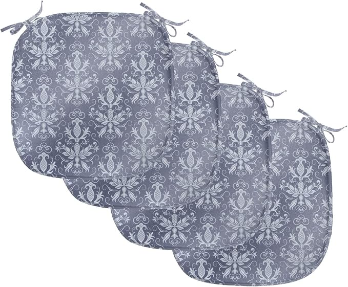 Lunarable Damask Chair Seating Cushion Set of 4, Medieval Repetitive Pattern with Flourish Ornaments, Anti-Slip Seat Padding for Kitchen & Patio, 16"x16", Purpleblue Ceil Blue